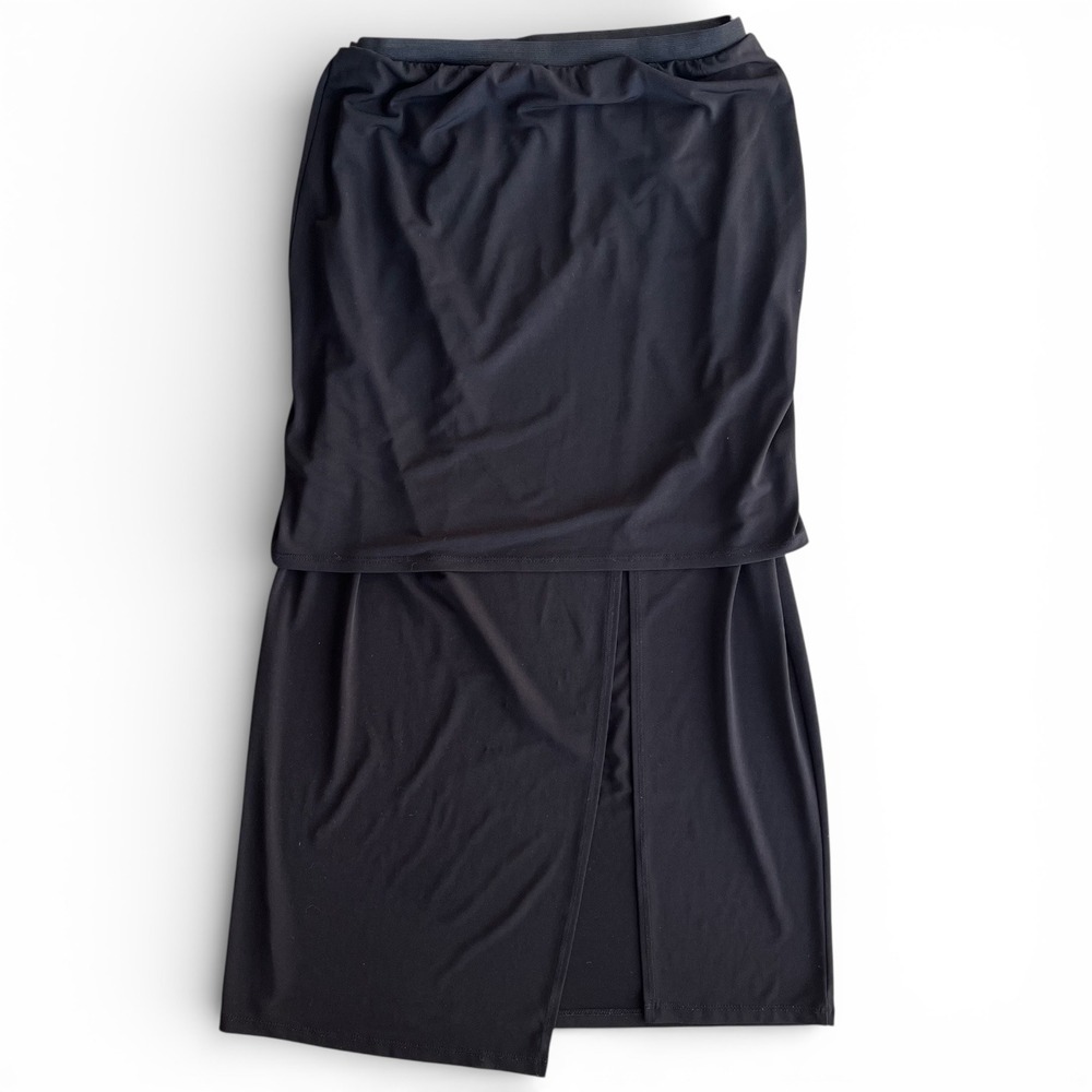 Tribal Women's M Black Double Layer Front Slit Elastic Waist‎ Midi Skirt  Preppy